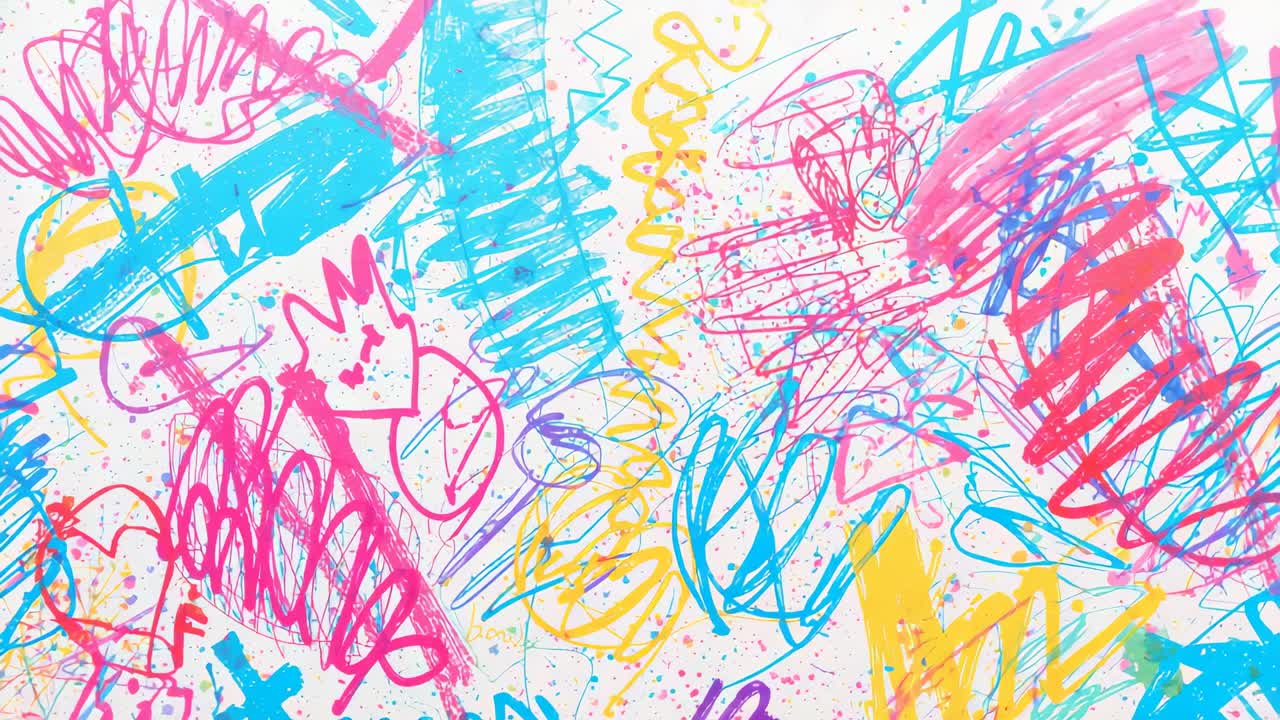 Showing abstract colorful scribbles covering entire white canvas, illustrating creative doodling