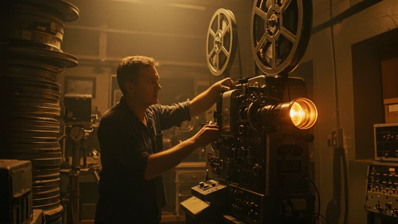 A passionate filmmaker at work carefully operating a vintage film projector in a dimly lit room, surrounded by reels of film, preserving the beauty of cinematic history