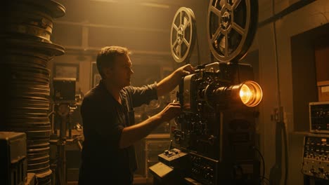 a passionate filmmaker at work carefully operating a vintage film projector in a dimly lit room, surrounded by reels of film, preserving the beauty of cinematic history