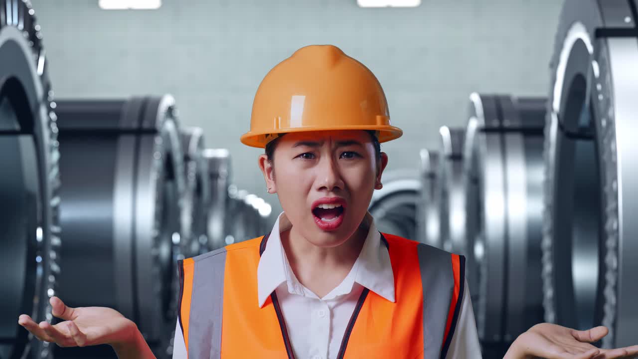 공장에서 혼란스러운 여성 엔지니어