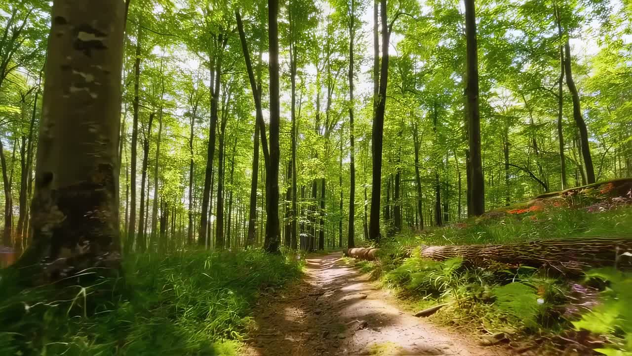 Morbida luce solare che filtra attraverso la fitta chioma della foresta, illuminando un sentiero verdeggiante che si snoda tra alberi imponenti con giochi di luce, creando una tranquilla scena boschiva.