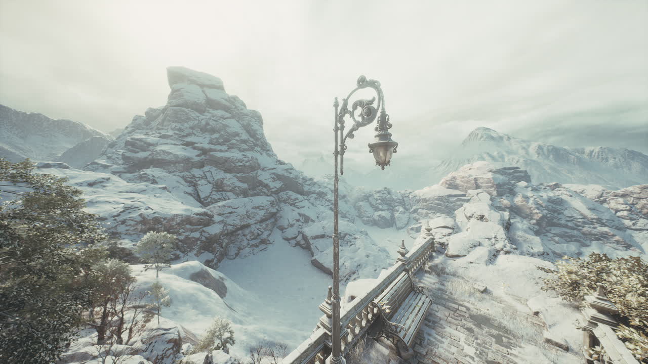 빈티지 램프 포스트 와 웅장 한 산의 배경 을 가진 겨울 풍경
