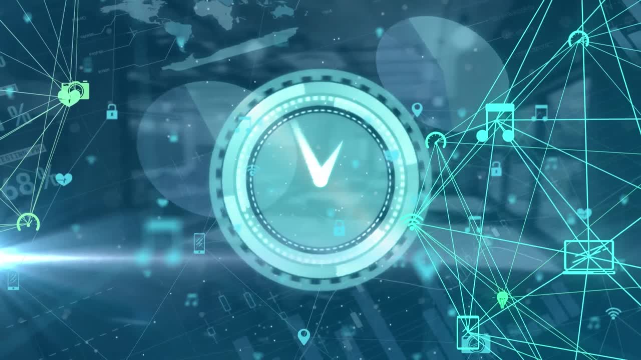 파란색 배경에 금융 데이터 처리 위에 움직이는 시계의 애니메이션