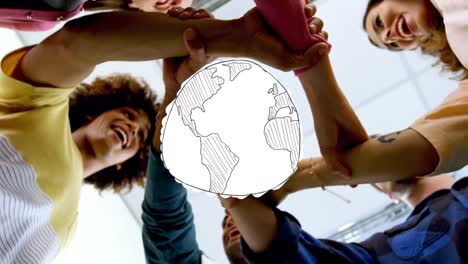 animation of globe over business colleagues stacking hands