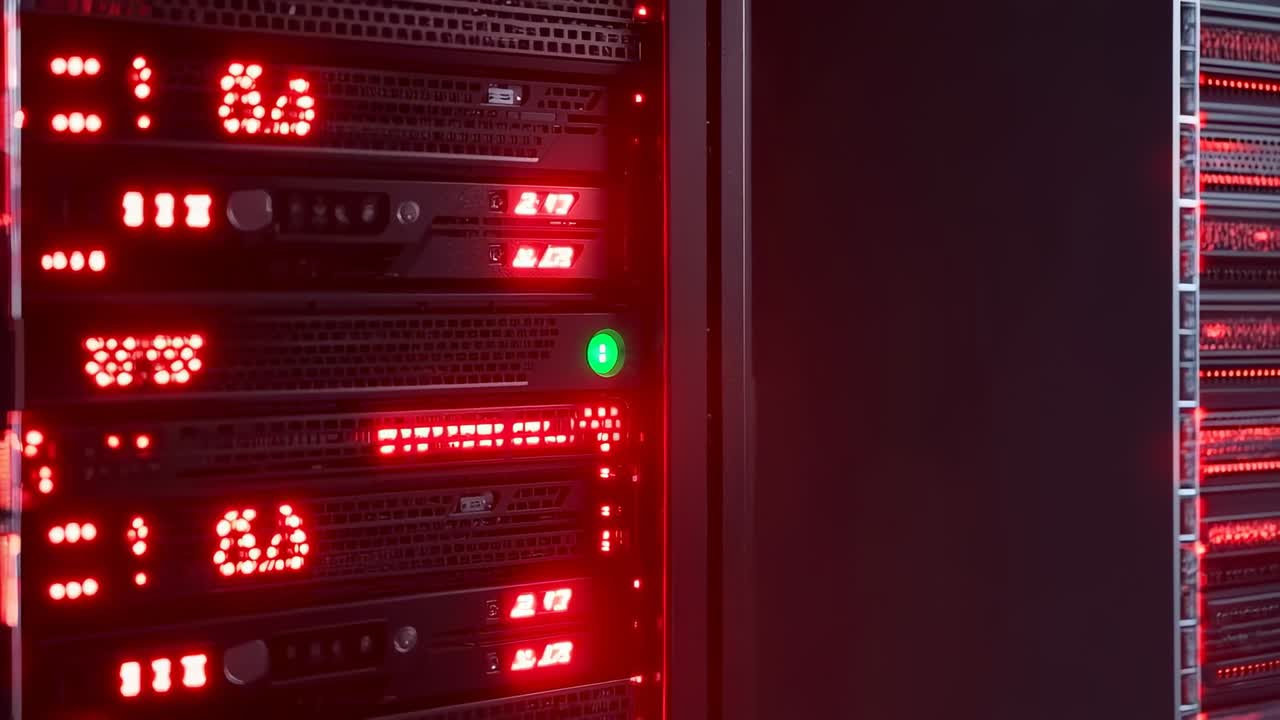 Panning camera revealing server rack in data center for showing red LEDs and green power indicator