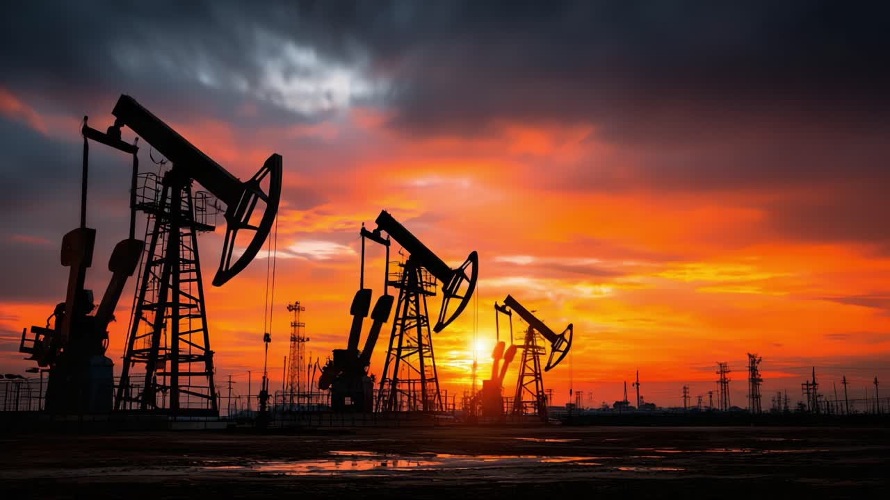 Puesta de sol dramática sobre bombas de petróleo: una vista impresionante de maquinaria silueteada contra los vibrantes colores del cielo en un campo petrolero en funcionamiento, enfatizando la armonía entre la naturaleza y la industria.
