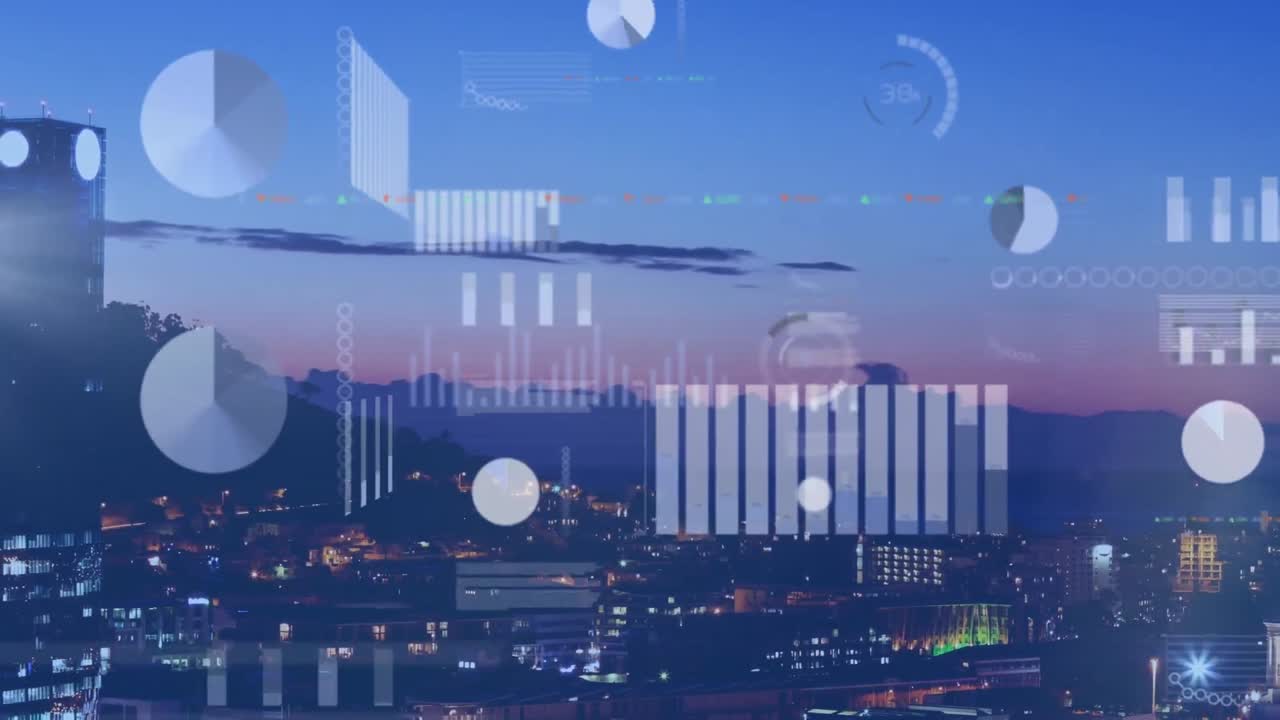 Animation of diverse data and graphs over cityscape at sunset