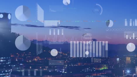 Animation-of-diverse-data-and-graphs-over-cityscape-at-sunset