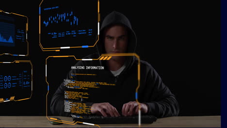 animation of digital data processing on screens over caucasian man using laptop