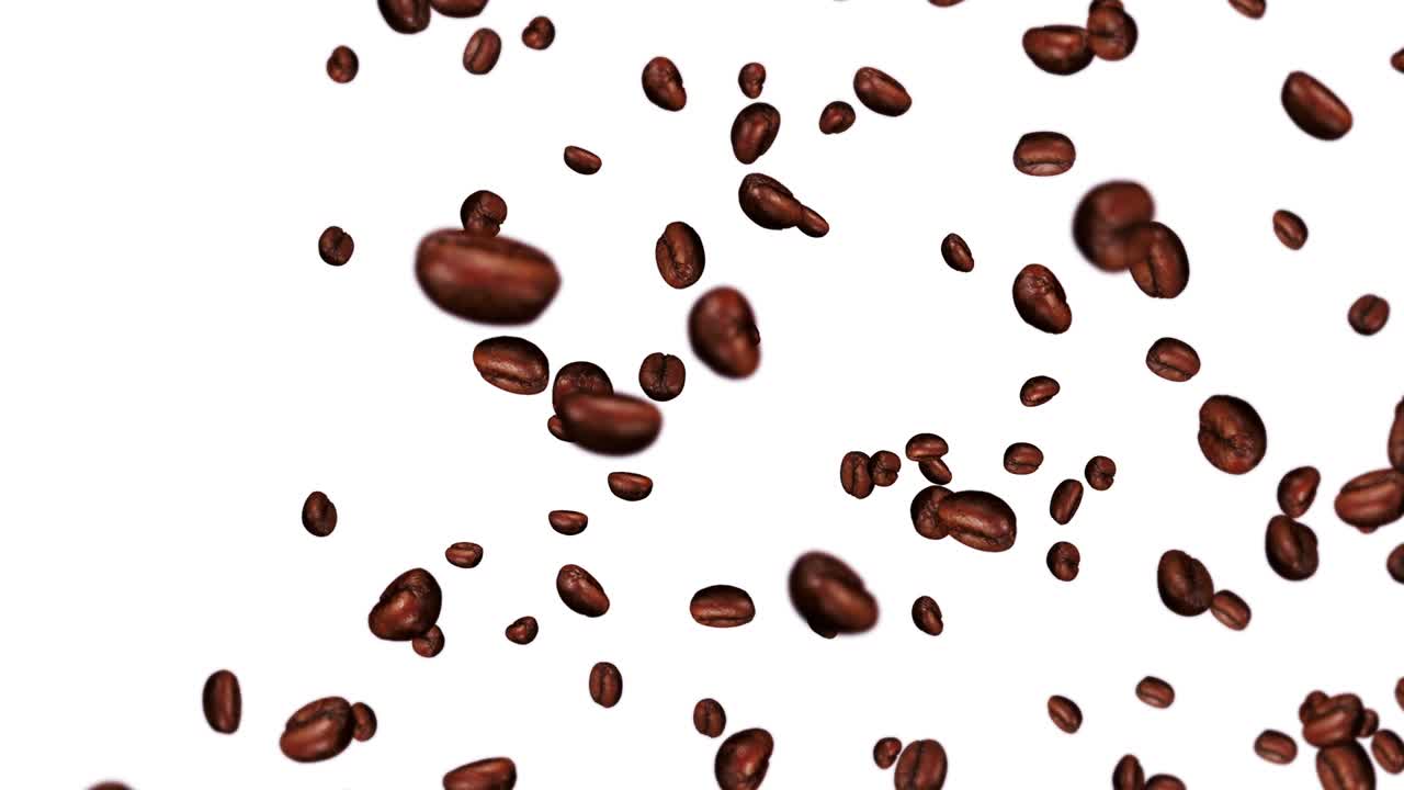 Molti chicchi di caffè che volano su sfondo bianco. Bevanda alla caffeina, Colazione, Aroma. Animazione 3D di chicchi di caffè tostati che ruotano. Animazione in loop