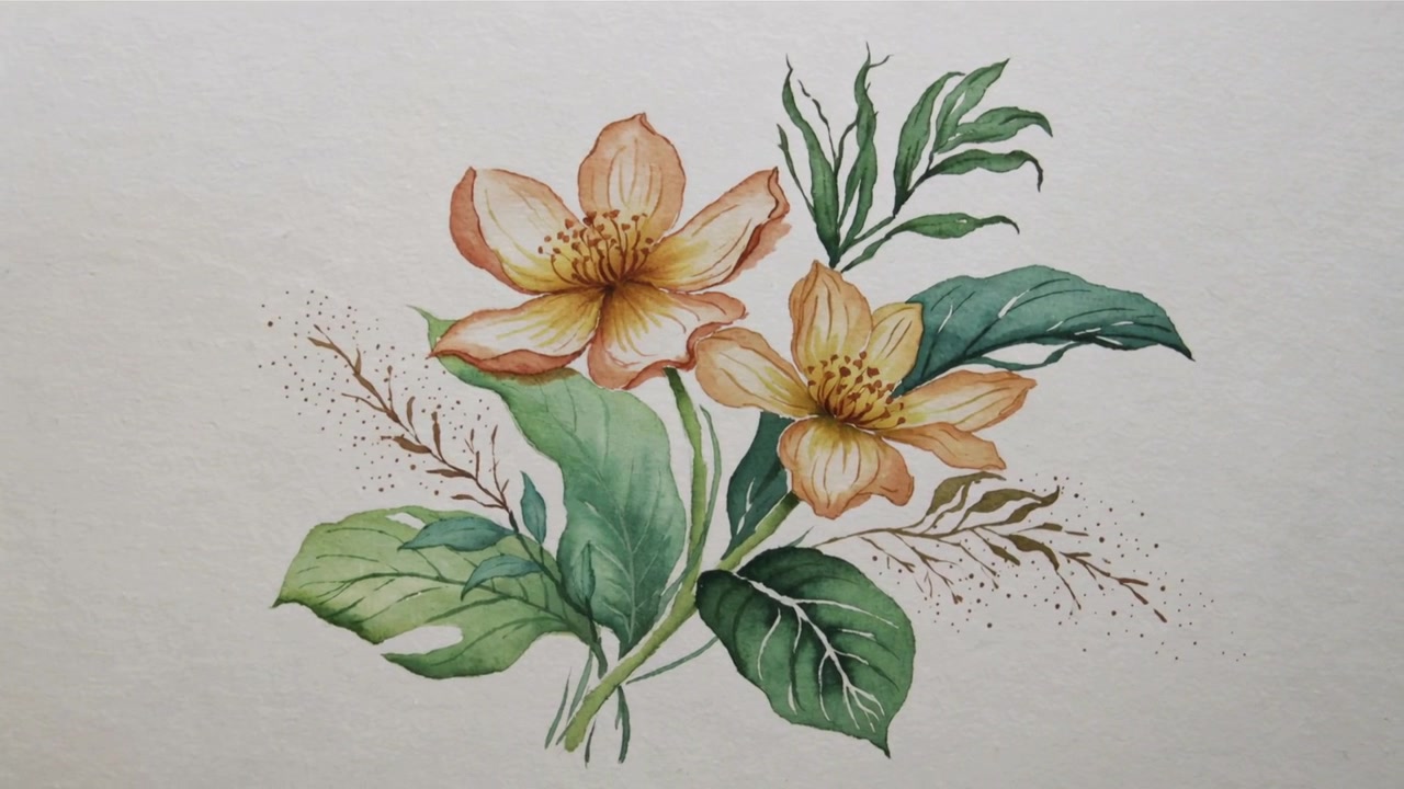 Création d'une aquarelle botanique à partir d'un lavis pâle en studio, ajoutant deux fleurs et des nervures pour la touche finale.
