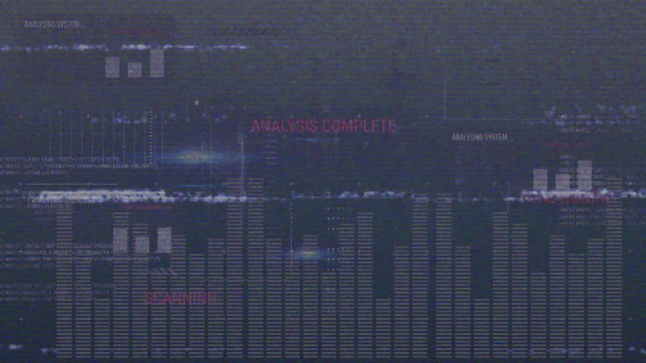 Animation of glitch technique with bar graphs, lens flare and multiple texts on abstract background