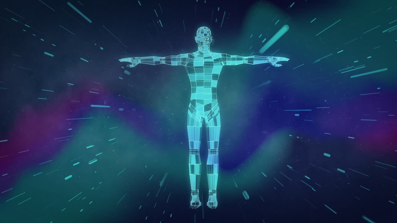 animación de formas y humano digital sobre fondo negro