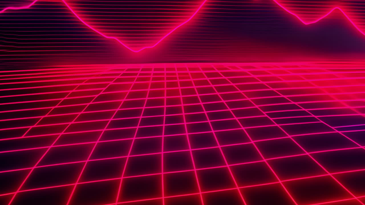 las líneas de cuadrícula de rosa neón forman un paisaje retro-futurista con un horizonte brillante