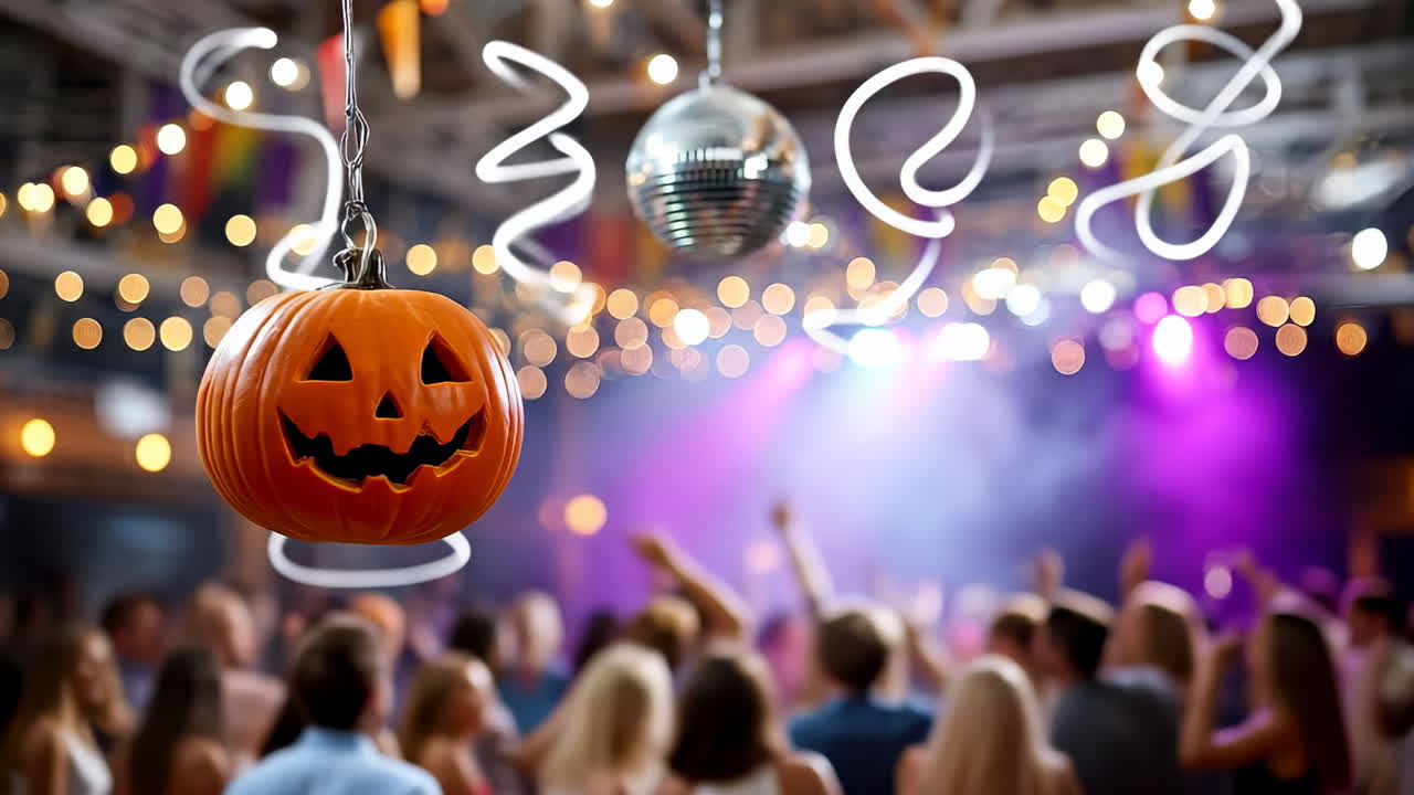 Pumpkin lantern at a Halloween dance party. A glowing pumpkin lantern hanging at a dance party with a crowd of people celebrating Halloween