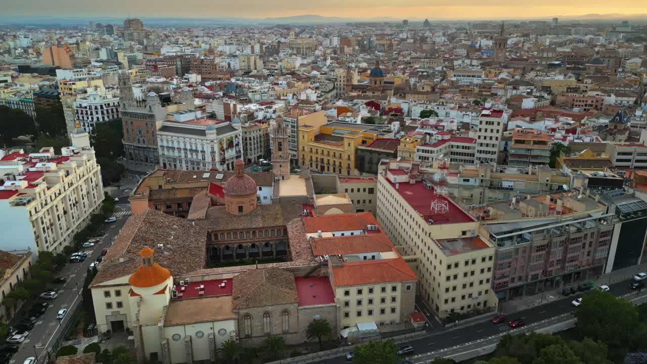 Aerial drone view of the buildings in Valencia, Spain in daylight