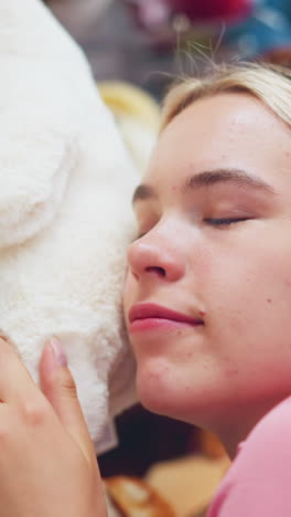 dama de vestido rosa descansa su cabeza sobre un juguete blanco suave en una tienda de juguetes, sonriendo suavemente mientras siente la textura, rodeada de otros juguetes de peluche en los estantes, quita su cabeza del juguete