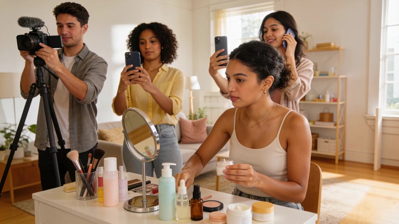 Mixing creator beige top applying cream at vanity while camera adjusting, with mirror for demo