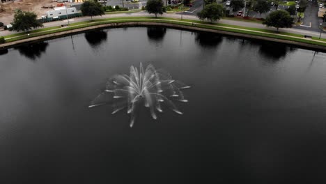 Luftschwenkaufnahme-Um-Den-Springbrunnen-Im-Teich,-Spiegelungen-Im-Wasser-Mit-Bäumen-Im-Hintergrund