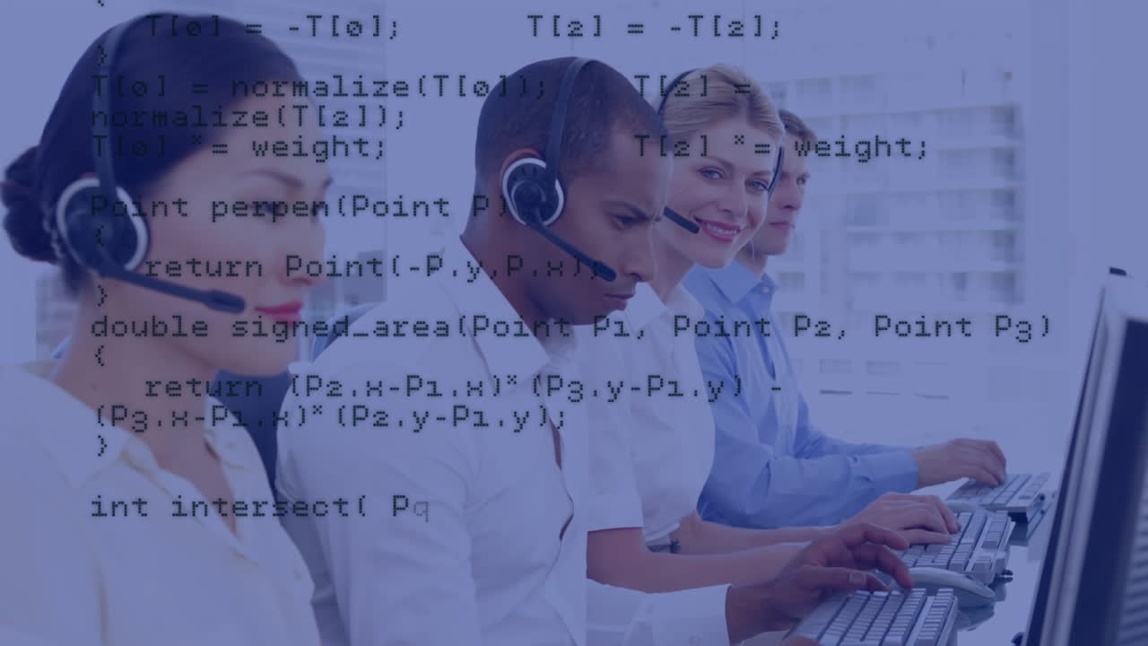 Animation of data processing over business people using phone headsets