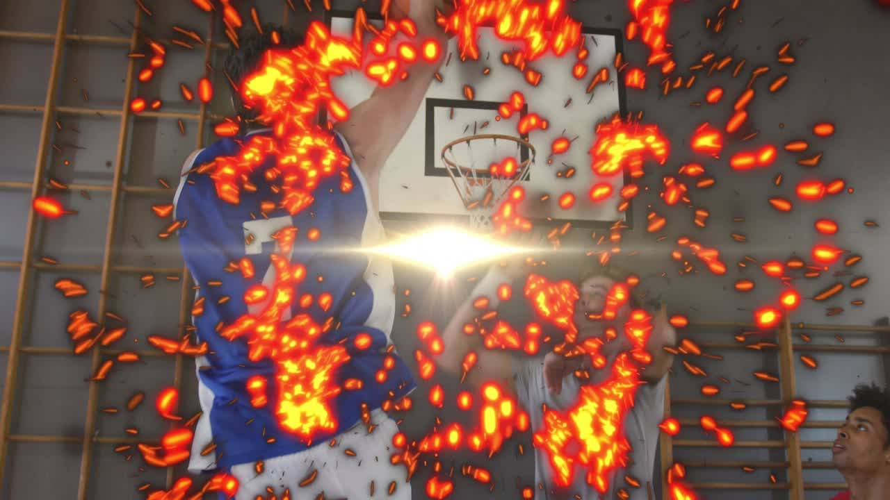 Basketball player shifting seeking shot, 7 turning rising rim, camera tilting up red glow obscuring