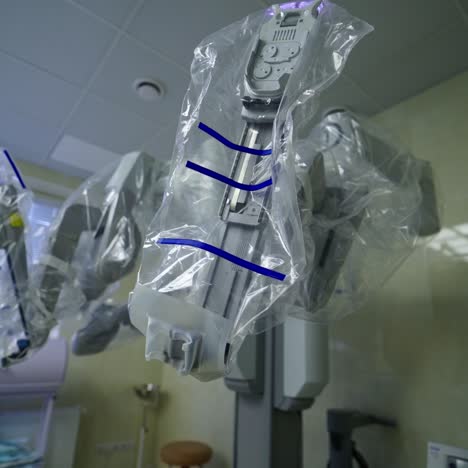 medical operation involving robot. medical robot surgery with 3d view endoscopy
