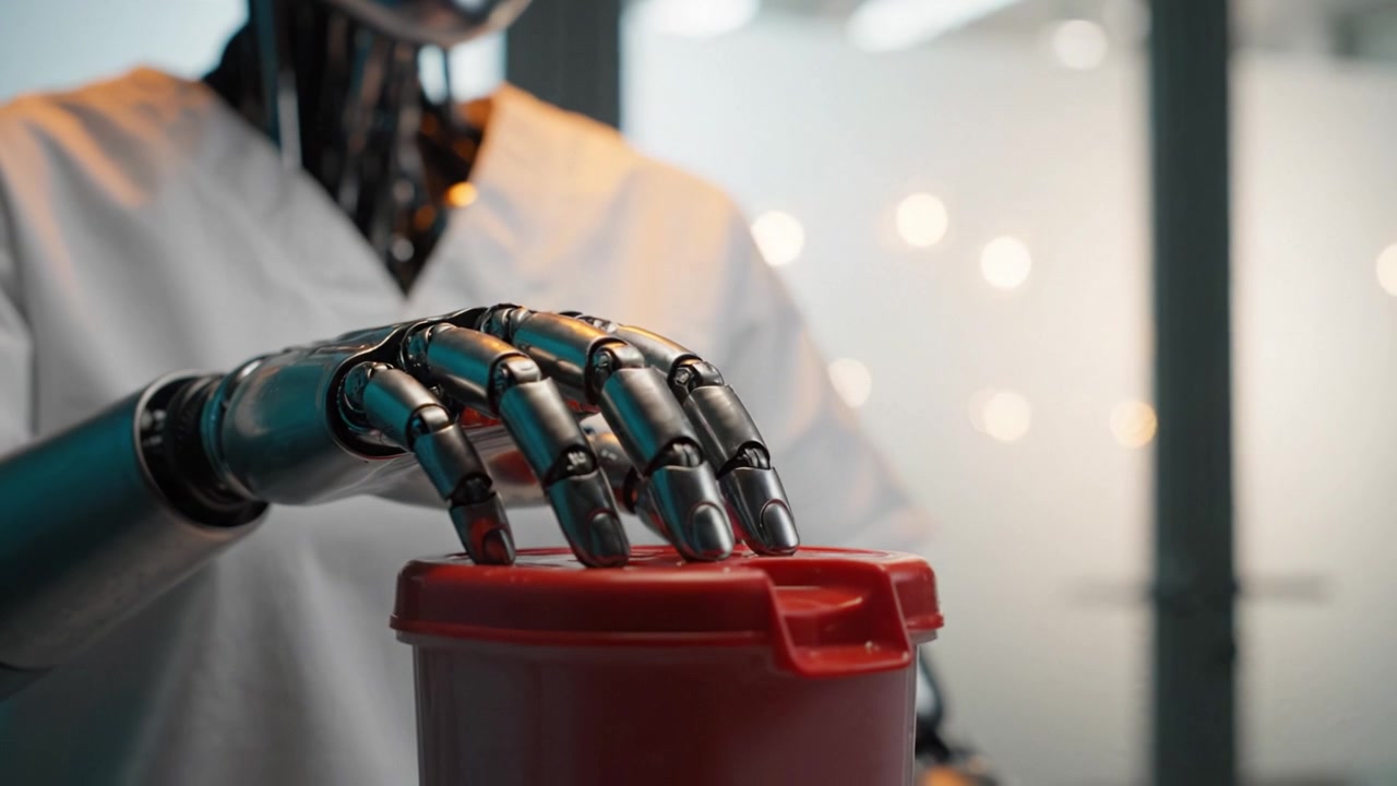 En robotfigur i medicinsk beklædning med en beholder, der fremviser avanceret teknologi og automatisering i et sundhedsmiljø