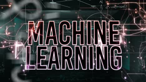 Animación-De-Senderos-De-Luz-De-Pancartas-De-Texto-De-Aprendizaje-Automático-Contra-Pantallas-Con-Ecuaciones-Matemáticas