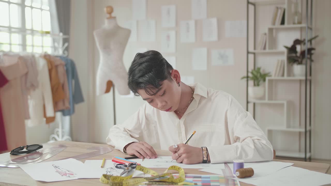 นักออกแบบแฟชั่นชายชาวเอเชียกำลังวาดภาพร่างเสื้อผ้าด้วยดินสอ