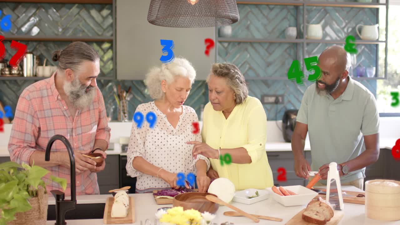 Senior woman chopping cabbage while woman in yellow reaching to assist, group preparing food