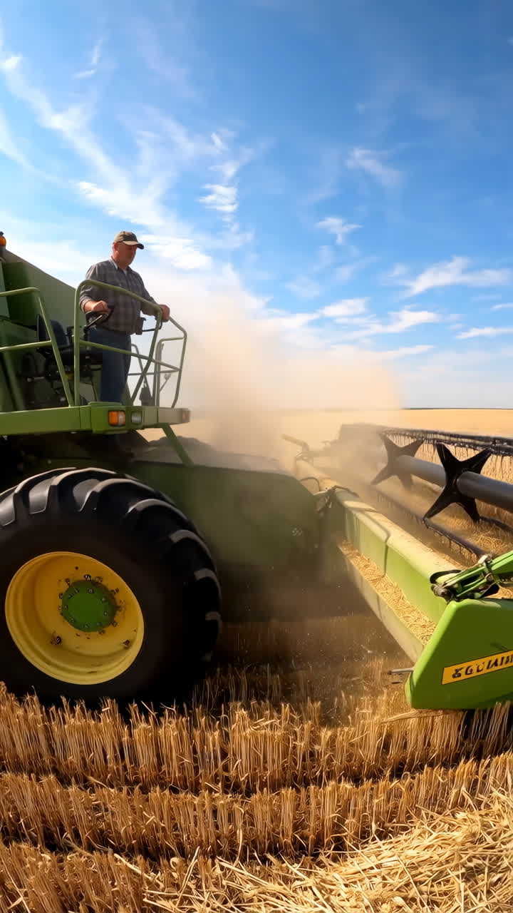 Farmer operating a combine harvester in a dusty field during harvest