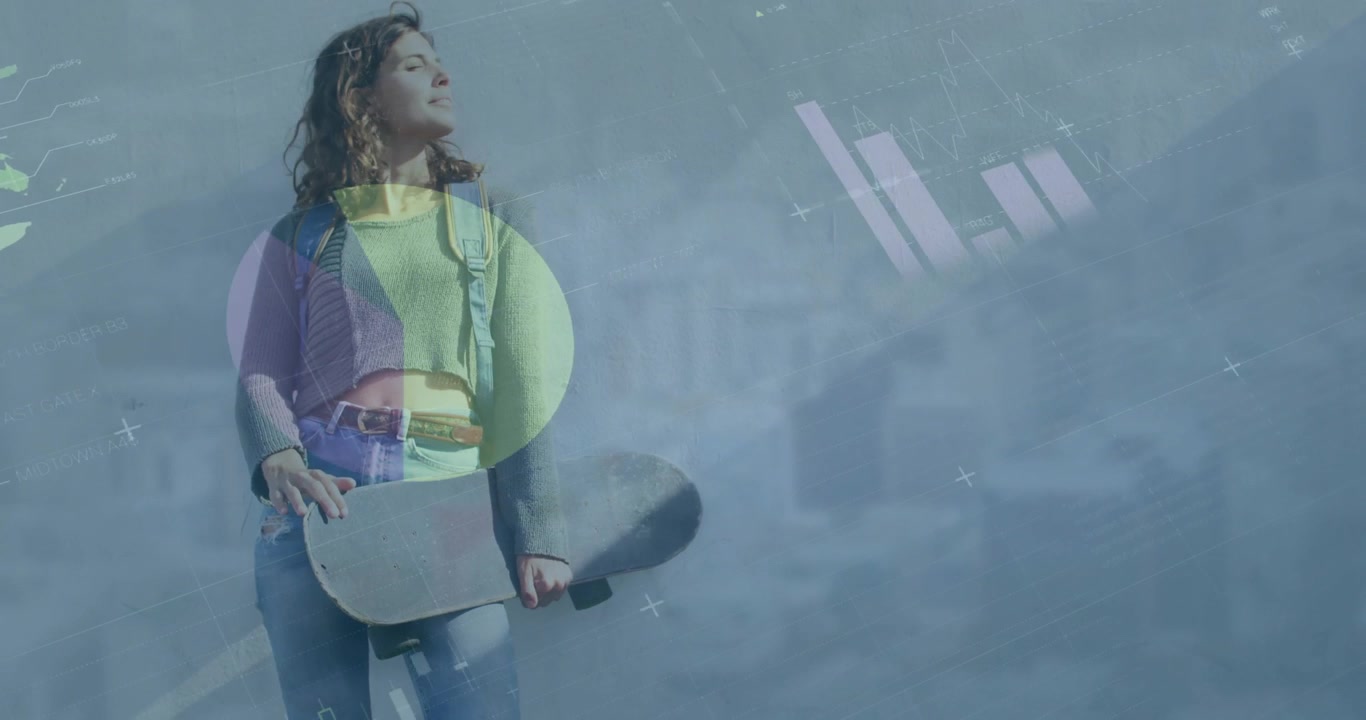 Animation of globe and icons over caucasian woman with skateboard