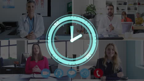 animación del reloj moviéndose rápido sobre médicos y mujeres de negocios en una llamada de video