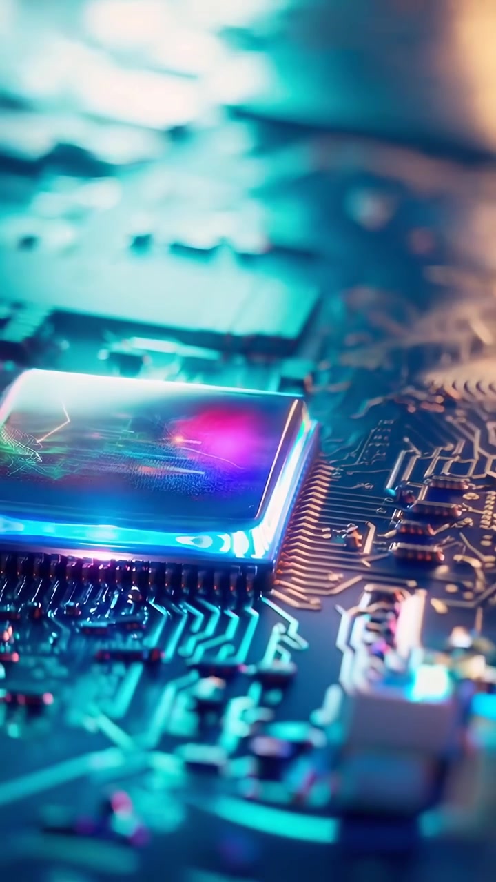 Close-up of a Glowing Processor on a Circuit Board