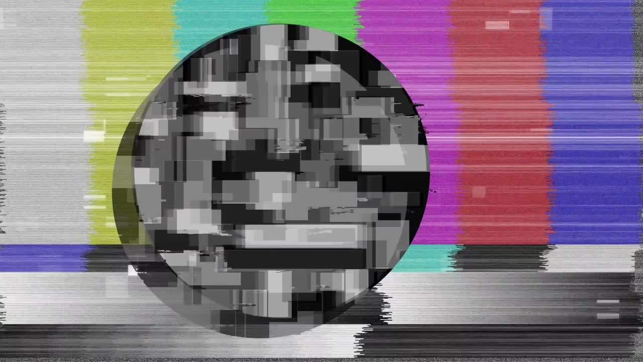 animación de un círculo en blanco y negro sobre una pantalla de prueba en color retro con fallo