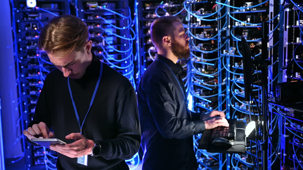 Two men managing data in a server room