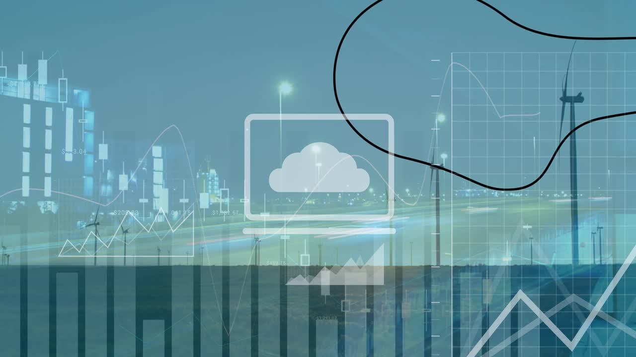 Animation of statistical data processing over spinning windmills against night city traffic