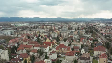 aerial truck shot over the capital of slovenia, ljubljana, on an overcast day