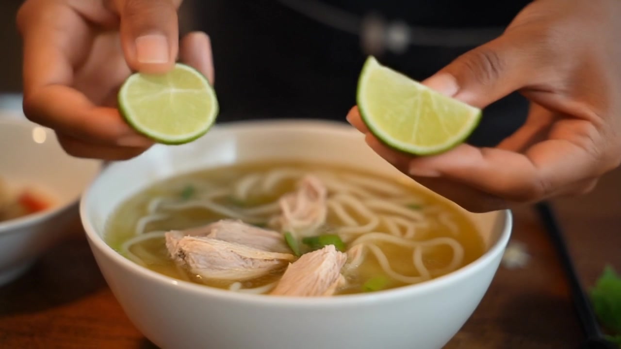 Người vắt chanh tươi vào tô phở gà