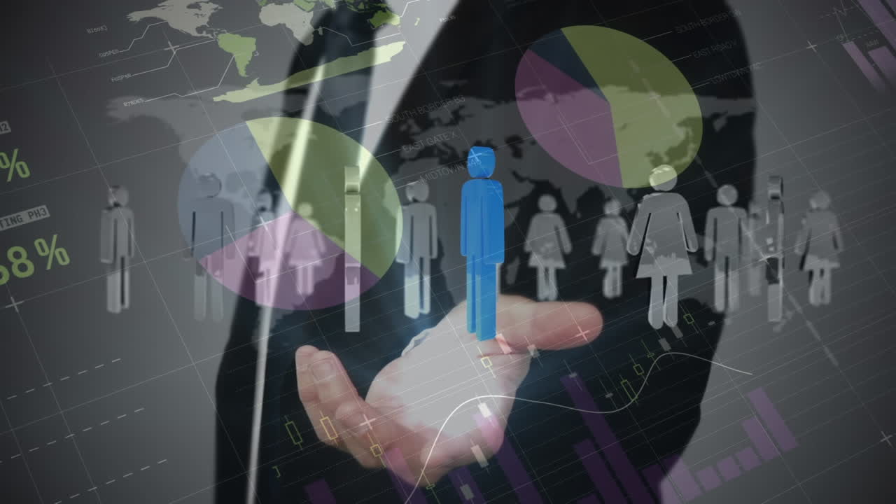 animación de iconos de personas, mapa del mundo sobre empresario y procesamiento de datos