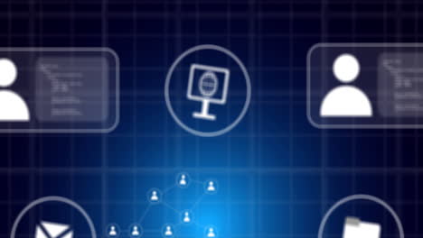 animación de la red de conexiones con iconos y procesamiento de datos sobre fondo azul