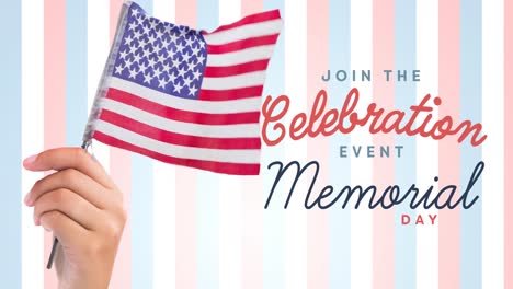 Animation-of-join-the-celebration-event-memorial-day-text-over-hand-holding-american-flag