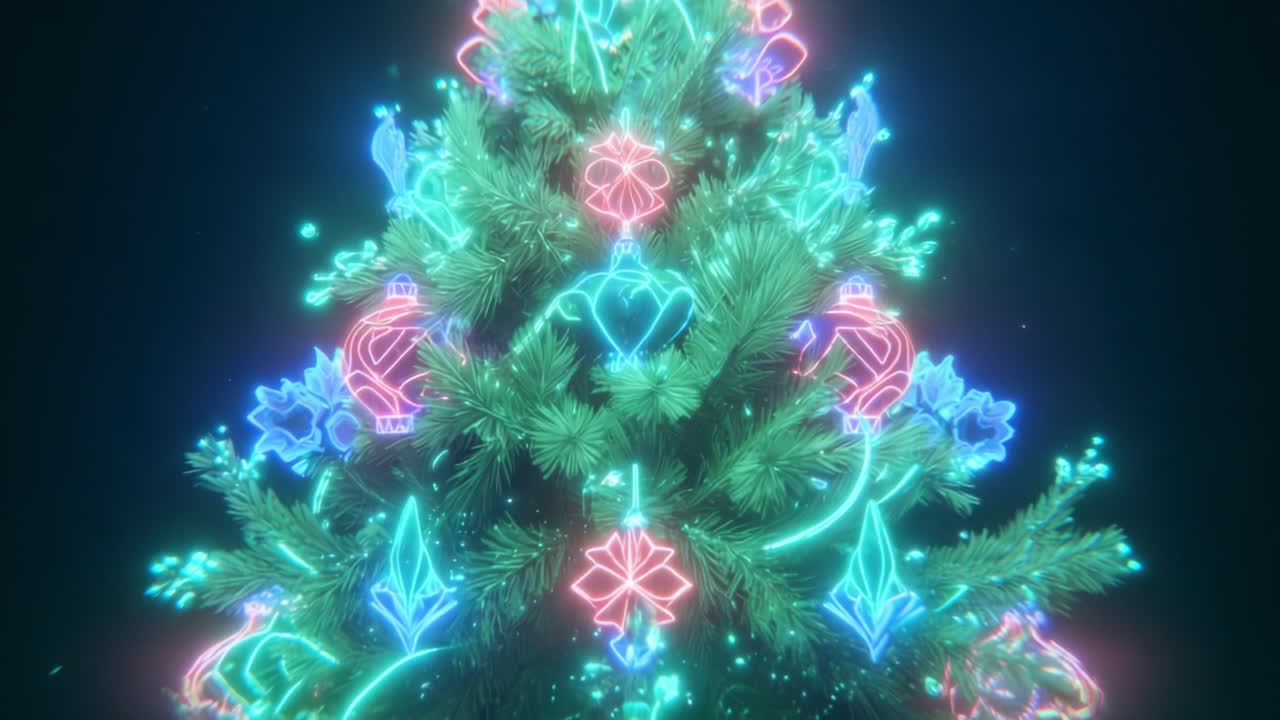 Un albero di Natale vivace illuminato con decorazioni colorate, che irradia allegria e spirito festivo, perfetto per celebrare la gioiosa stagione del dono e delle riunioni familiari