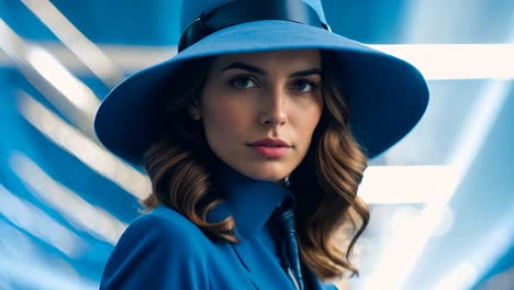 a woman in a blue suit and hat posing for a picture