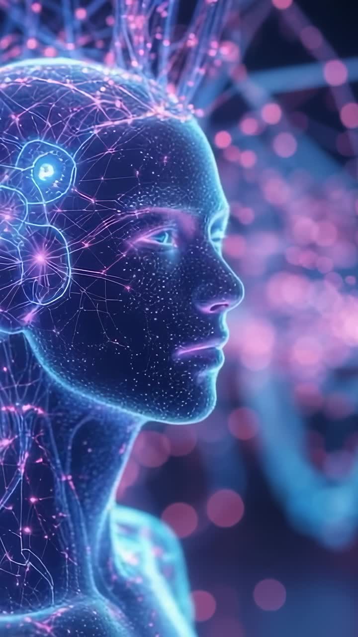 Video verticale: visualizzazione di testa umanoide blu neon con nodi magenta pulsanti in un datascape, copy space