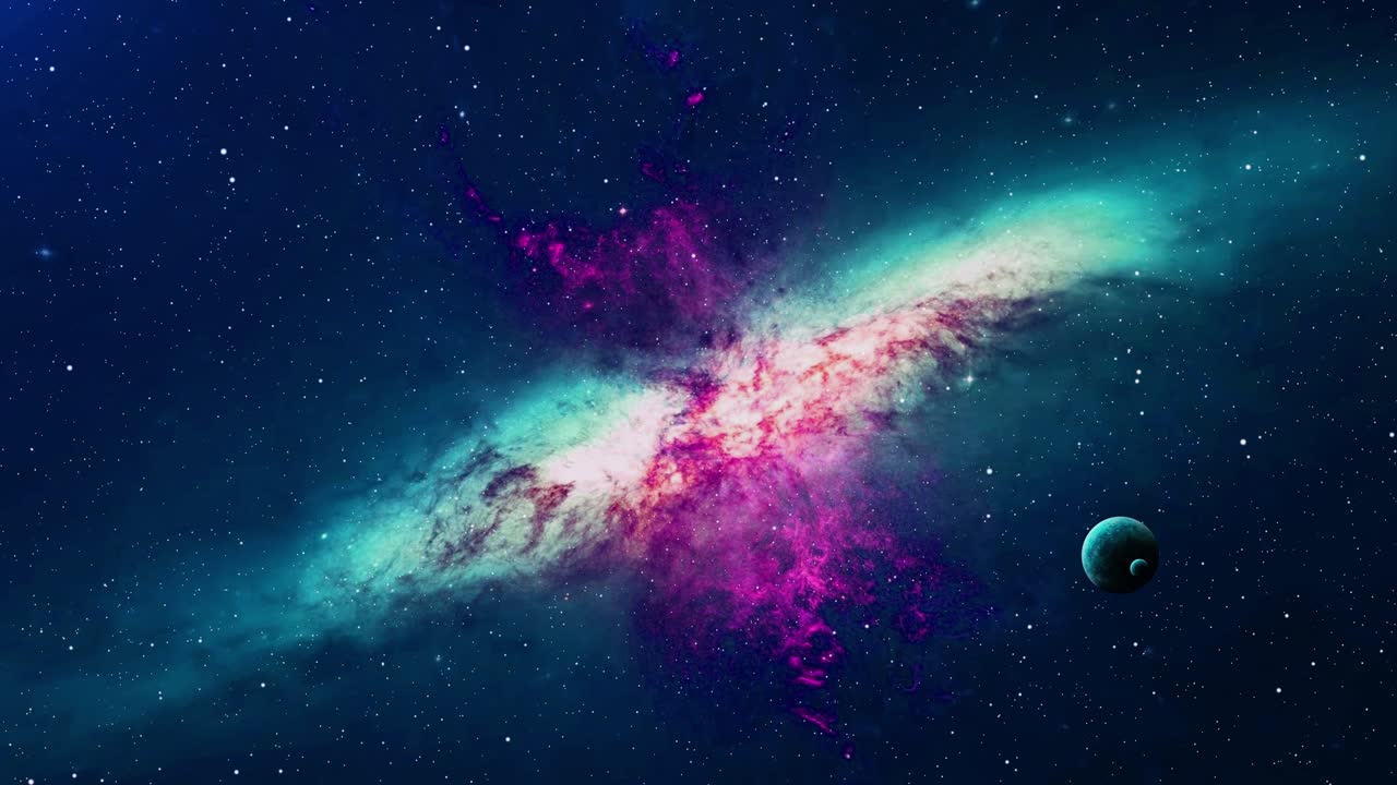 4k 3d Flug durch den Weltraum mit Sternenfeld, Galaxie und Nebeln, schnell reisende Spiralgalaxie im Universum