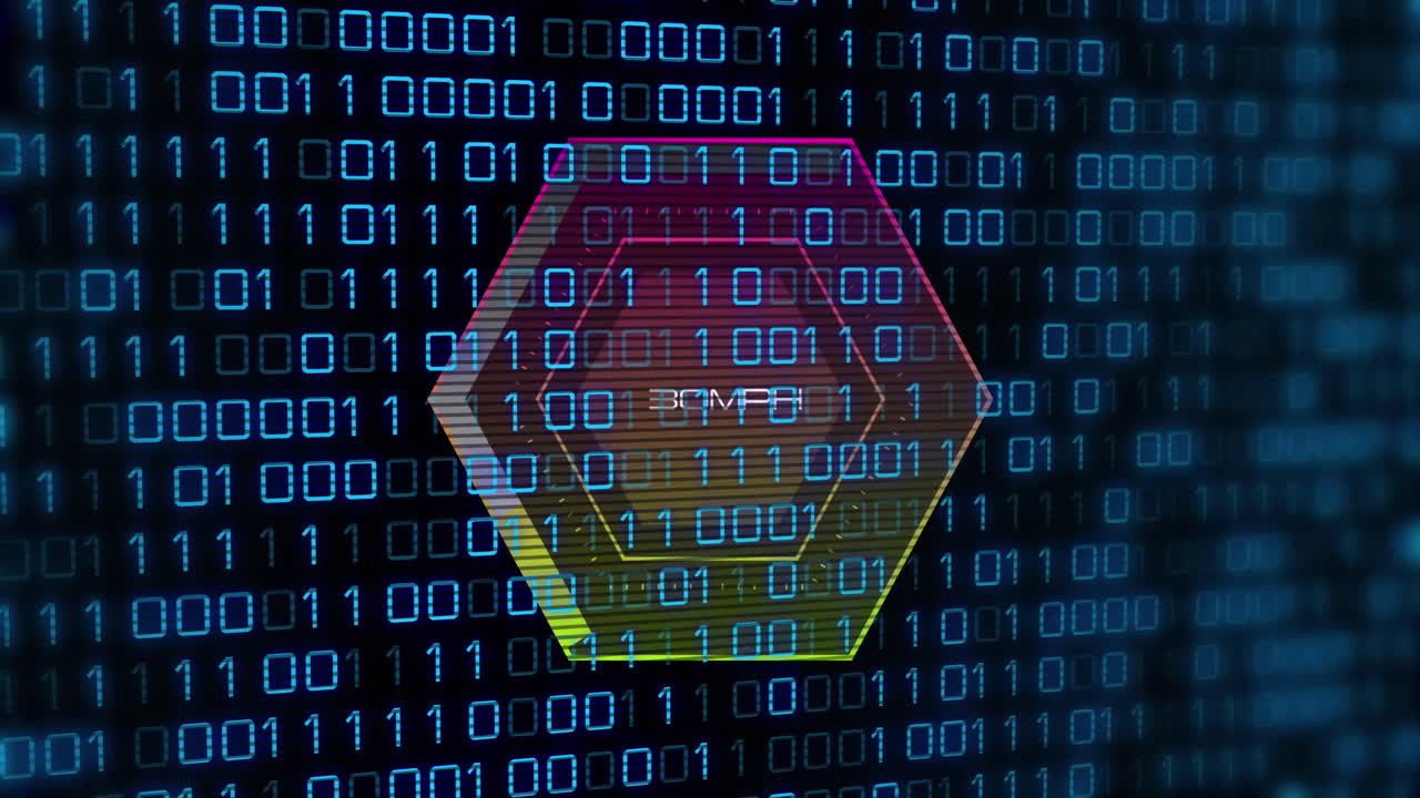 Animation of binary code over speedometer and black background
