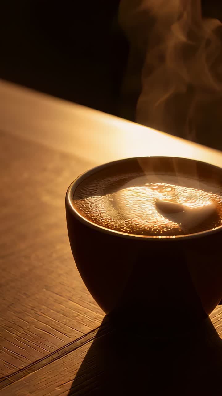 Vertical video: Fresh cup releasing curling steam while cooling on wood table, catching warm glow
