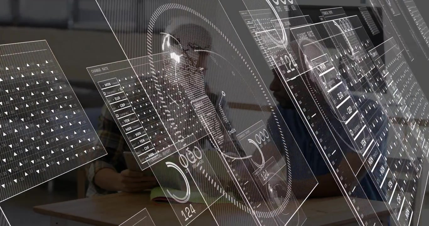 Translucent data panels materializing above desk, colleagues tapping tablet for currency analysis