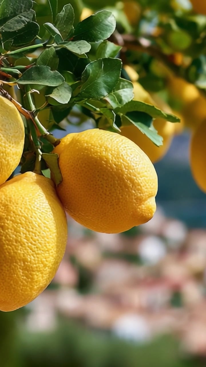 Una vista ravvicinata di limoni freschi appesi a un ramo, che mostrano il loro vivace colore giallo e la buccia testurizzata su uno sfondo tenue.
